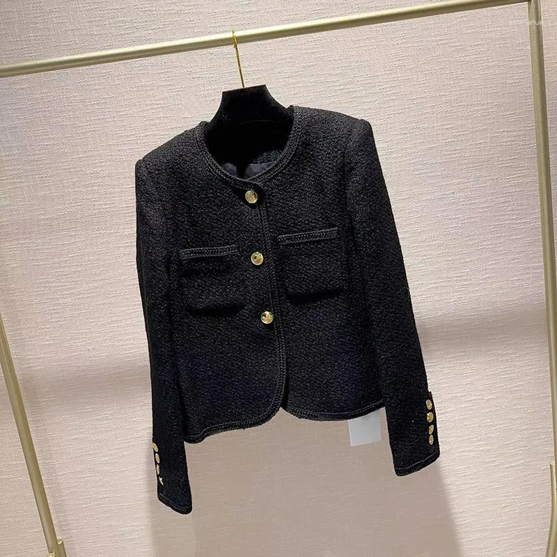 Women's Jackets Fashion Classic Black Wool Tweed Jacket For Women 2023 High Quality O-Neck Metal-Buttons Patch Pockets Formal Fleece Coat