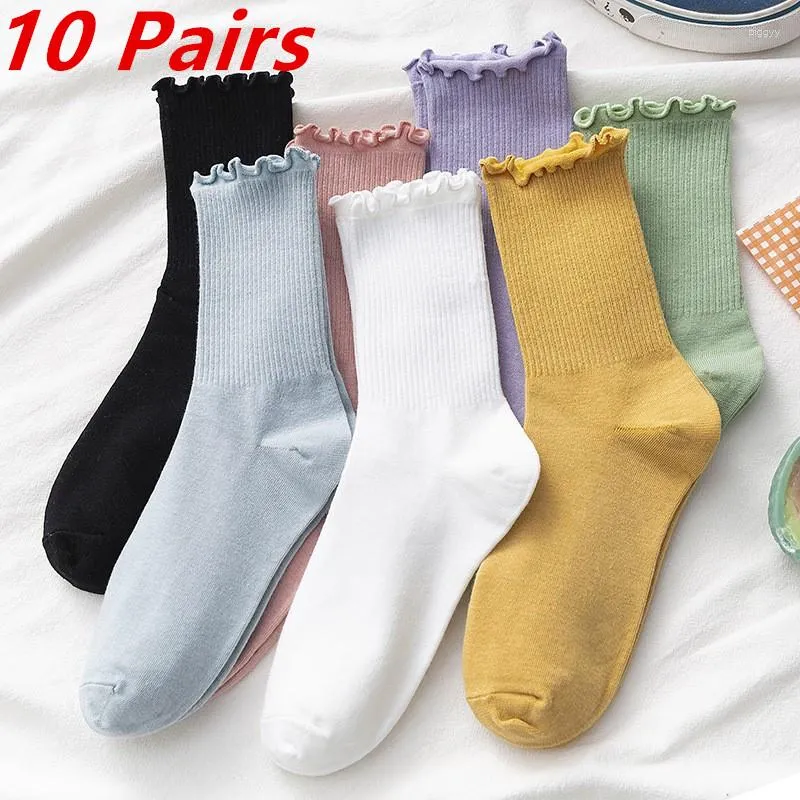 Women Socks 20pcs 10Pairs Lot Ruffle For White Black Frilly Lolita Style Cotton Harajuku Princess Crew Mid Tube Calcetines