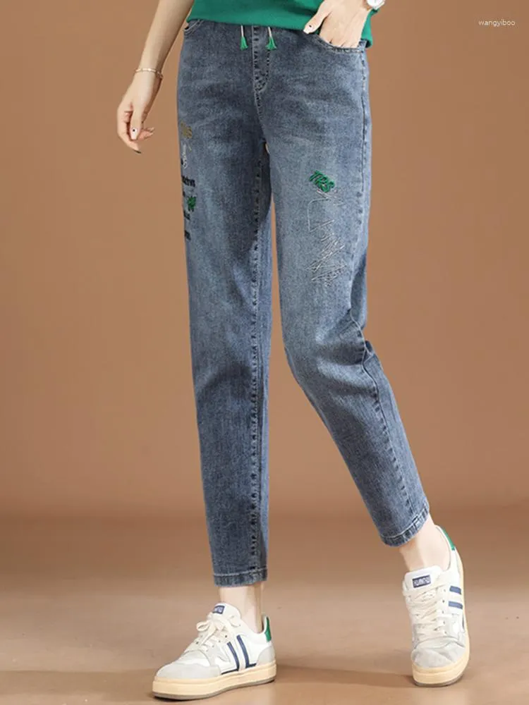 Jeans pour femmes HCXR Femmes 2023 Automne Taille élastique Broderie Lettre Denim Pantalon Slim Straight Casual All-Match Harem Pantalon