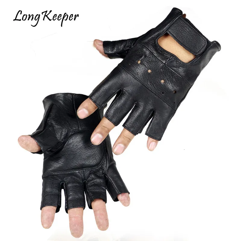 Mantens Long Keeper Men äkta läderhandskar Högkvalitativ slipresistent Luvas Half Finger Sheep Fingerless Gants Moto 230829