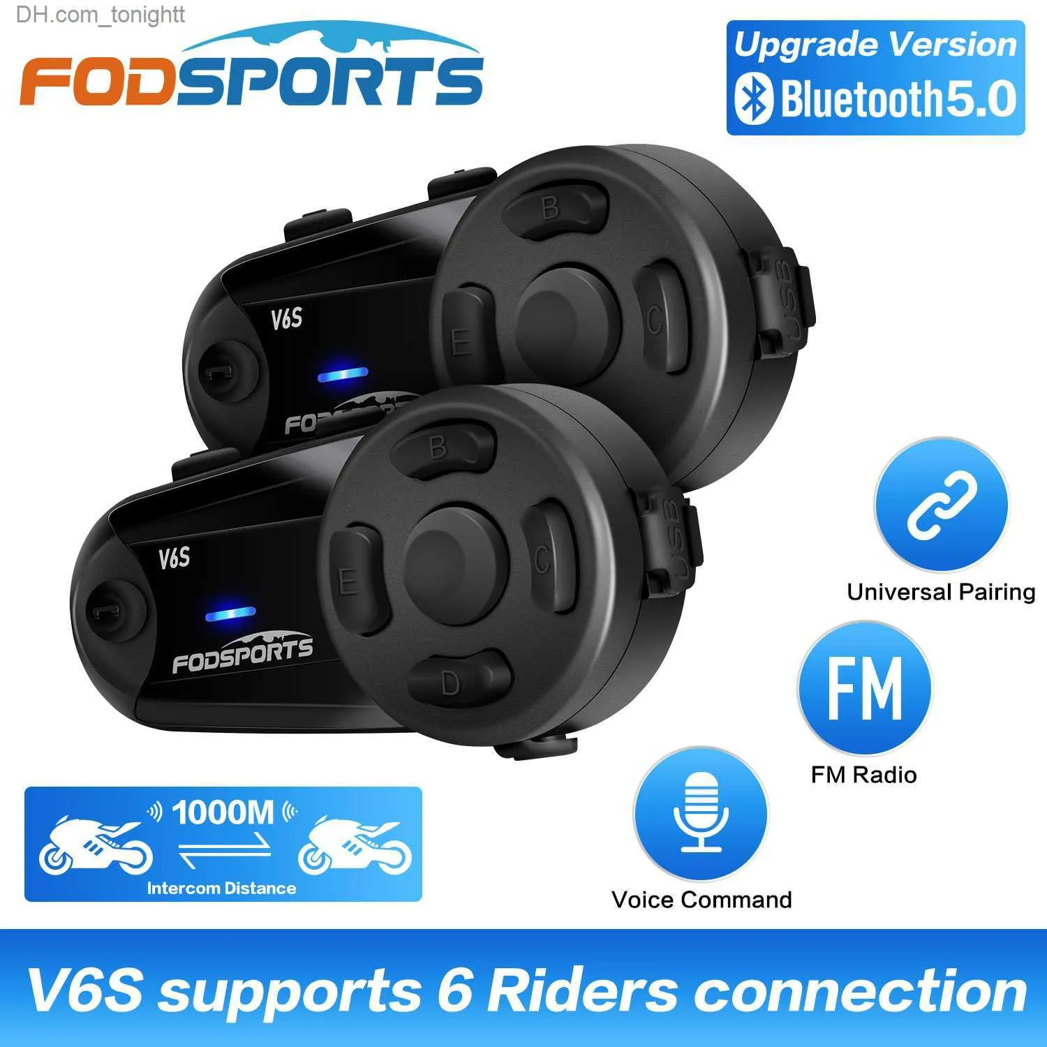 FODSPORTS HELMET V6S Intercom Motocykl słuchawkowy Bluetooth 1000M IP65 Waterproof 6 Rider Wireless Interphone BT5.0 FM Radio Q230830