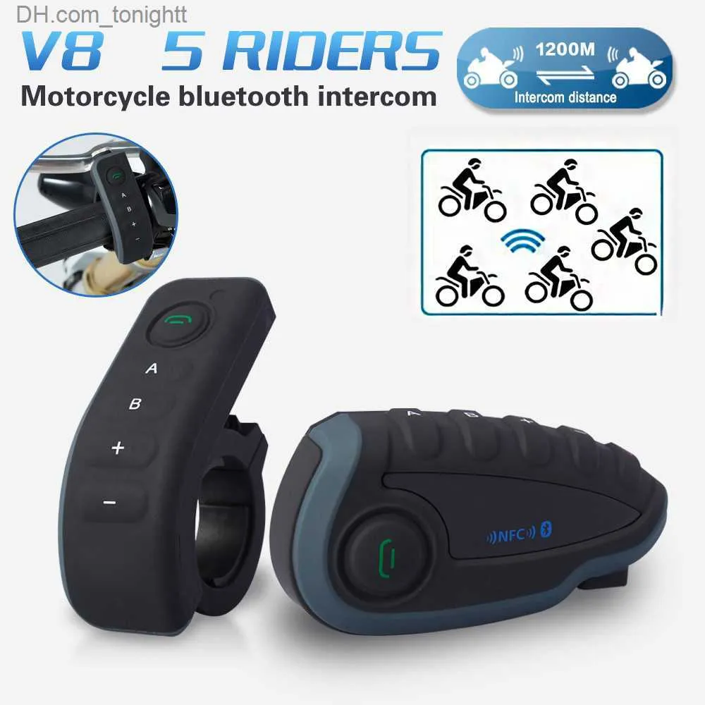 V8 Intercom 5-Way Riders Group Talk Bluetooth Motorcykelhjälm Interphone FM Radio NFC Headset 1200M Support Remote Controller Q230830