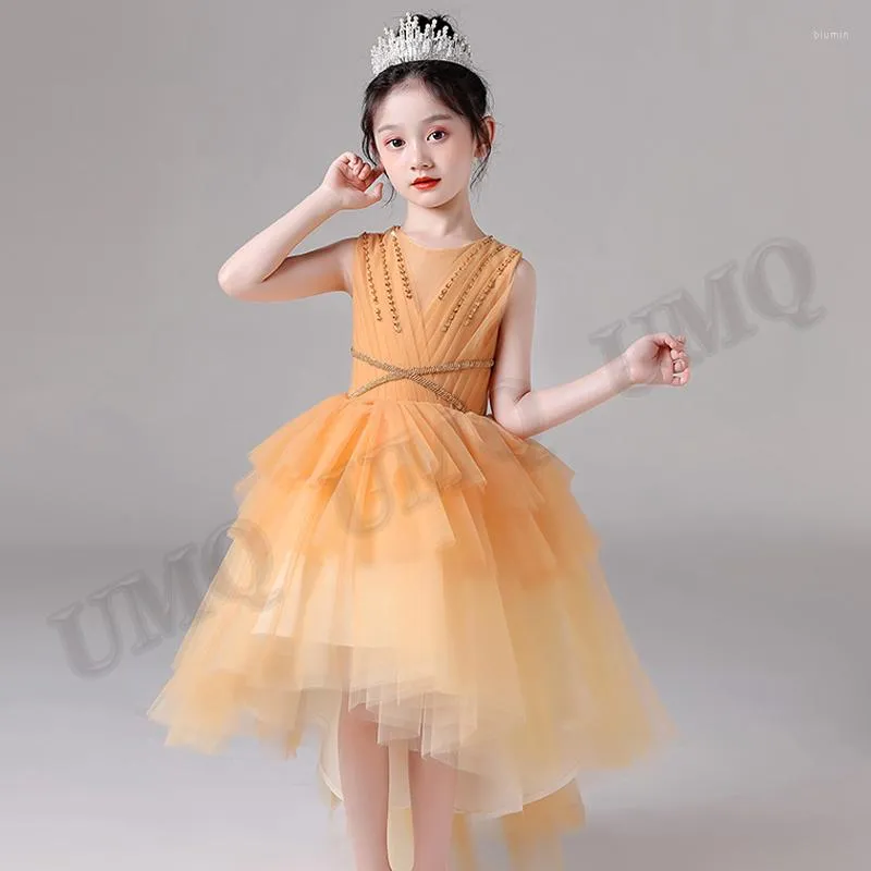 소녀 드레스 오렌지 하이 로우로 낮은 계층화 된 꽃 구슬 유아 어린이 포토 촬영 아기 대회 파티 커스텀 메이드