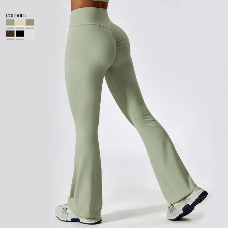 Active Pants Women Wide Leg Yoga Naked Feeling Stretchy High midjan Blad Sexig Bulift Workout Trousers Kvinnliga sportkläder