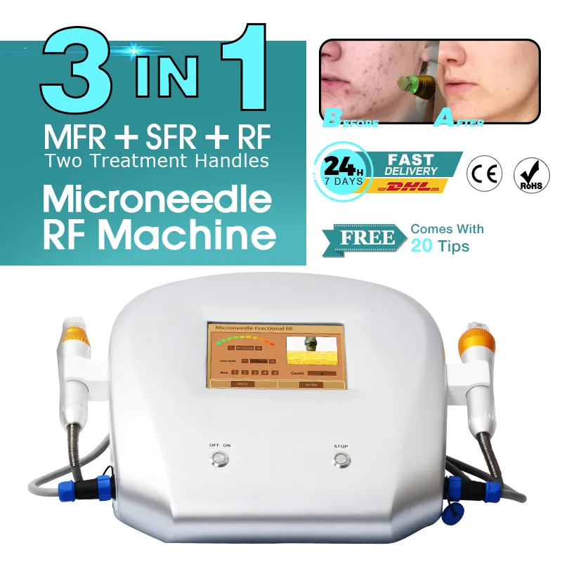 RF Mikroneedle Device Microneeding Skin Care Micro igły Ułamek Maszyna Usuń starzejące się skórę Fine Linie zmarszczki 2 Handlery 20 TIPS RF Mikroneedle Equipment