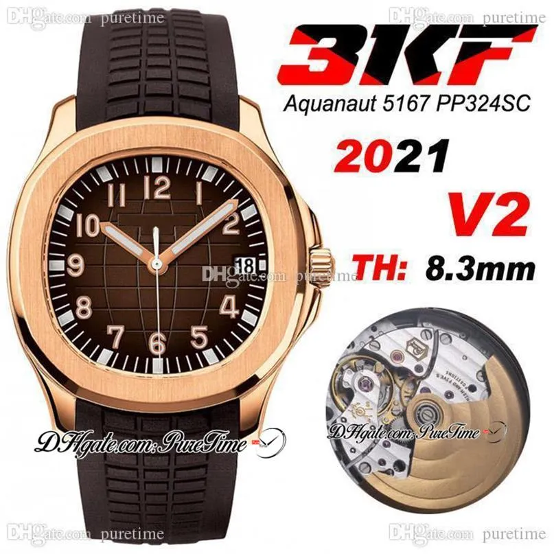 2021 3KF V2 5167R A324SC Relógio automático masculino rosa ouro marrom textura dial edição borracha marrom puretime movimento suíço ptpp 222r