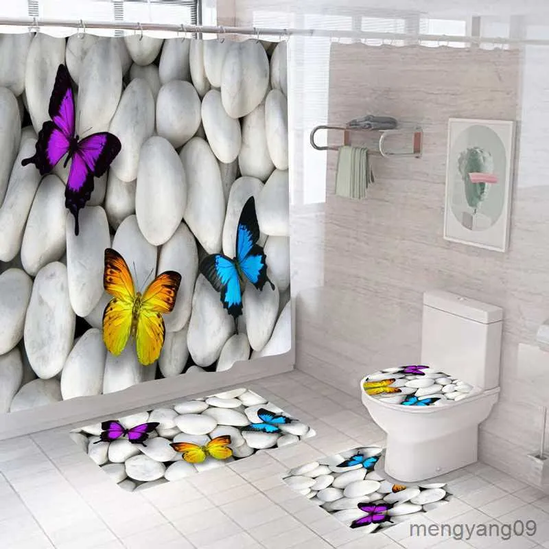 Shower Curtains 3D Print Flowers Bath Curtain Butterfly Bathroom Curtains Fabric Floral Shower Curtains Waterproof Screen with R230830