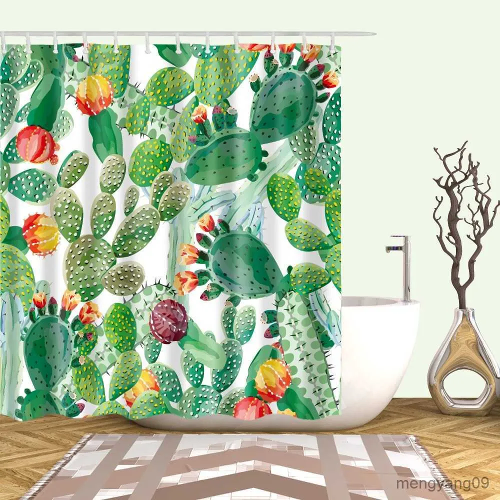 Shower Curtains Tropical Cactus Plant Pineapple Shower Curtains Bathroom Curtain Cortina Waterproof Bath Curtain R230830