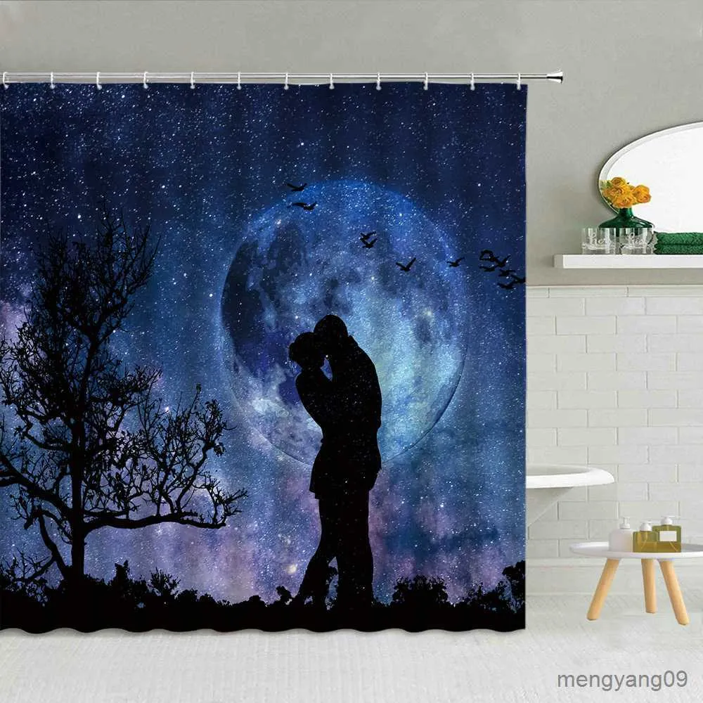 Shower Curtains Space Scenery Shower Curtain Earth Moon Planet Night Starry Sky Landscape Bathroom Decor Bath Waterproof Fabric Curtains R230831