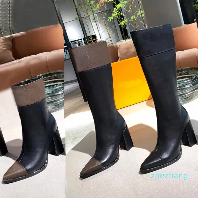 2023-Hochhackige lange Stiefel Herbst Winter Spitzer bedruckter Absatz Damenschuhe Leder Reißverschluss Brief Designer Schuh Dame Heels Flache Kniestiefel Größe 35-41