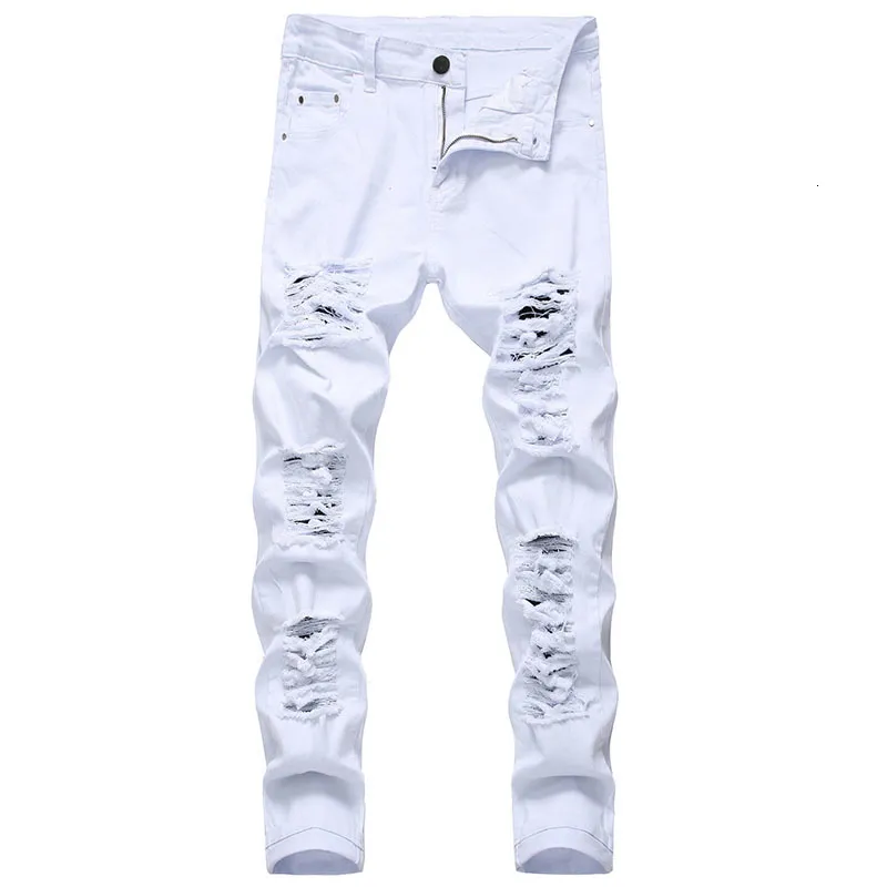 Erkek kot beyaz moda hip hop yırtılmış sıska erkekler denim pantolonlar ince fit streç sıkıntılı fermuar pantolon yüksek kalite 230830