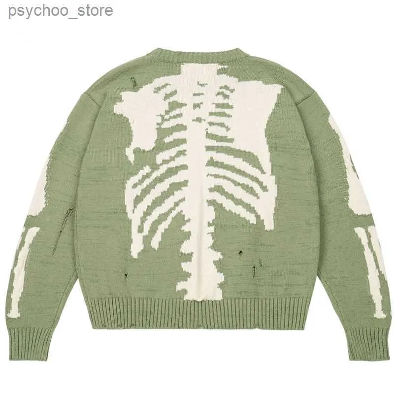 Мужчины негабаритные свитеры повреждение дыра Зеленый скелет для печени вязаные свитера Женские женские улицы Свободный винтажный свитер Q230830