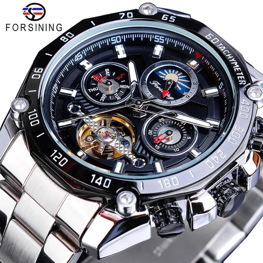 Forsining marque noir mâle montres mécaniques automatique multifonction Tourbillon Phase de lune Date course Sport bracelet en acier Relogio224s