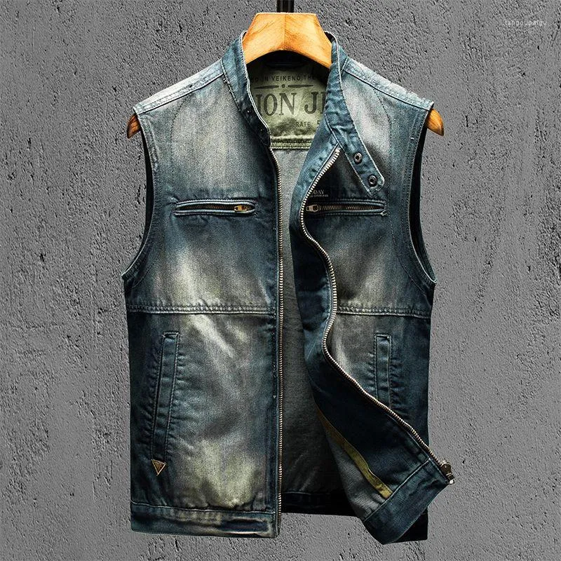 Gilet da uomo Gilet di jeans 2023 Autunno versione coreana Canotta aderente Bello Casual Cerniera Colletto alla coreana Moto