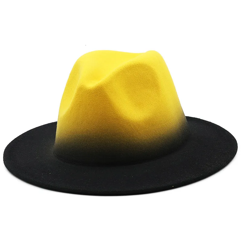 Geniş Kötü Şapkalar Kova Gradyan Renk Partisi Top Hat Kadın Erkekler Yün Keçe Caz Fedora Trend Sprey Boya Patchwork Cap Sombreros de Mujer 230829