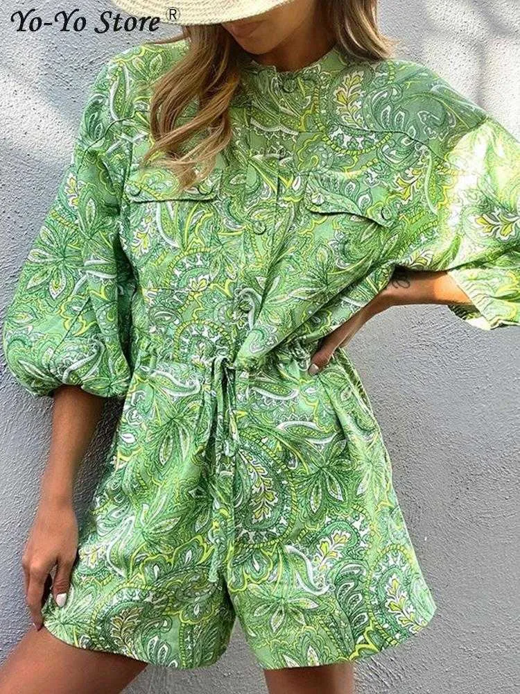 Combinaisons pour femmes Rompers Green Loose imprimement lacet up plays combinaisons femme bouton décontracté Batwing Sleeve Femme Playsuitt 2023 Nouvelles combinaisons de dame d'été T230825