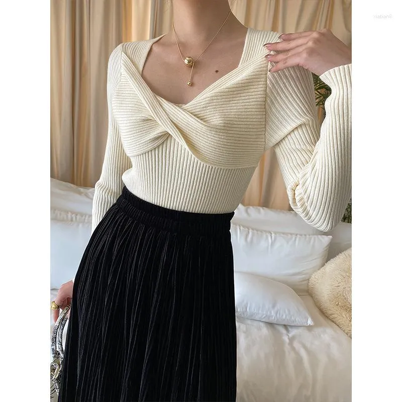 Kobiety swetry Ruched moda na drutach damskie sweter pullover pełne rękawy beżowy seksowne szczupłe dopasowanie swobodne koreańskie topy jumper ubrania