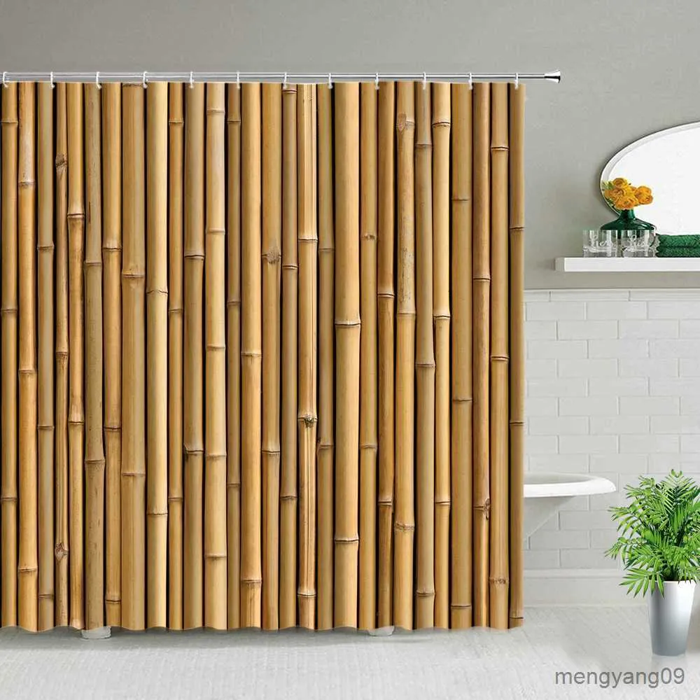 Shower Curtains Zen Green Bamboo Wood Panel Shower Curtains Landscape Rustic Home Scenery Partition Wall Hanging Bathroom Decoration With R230831