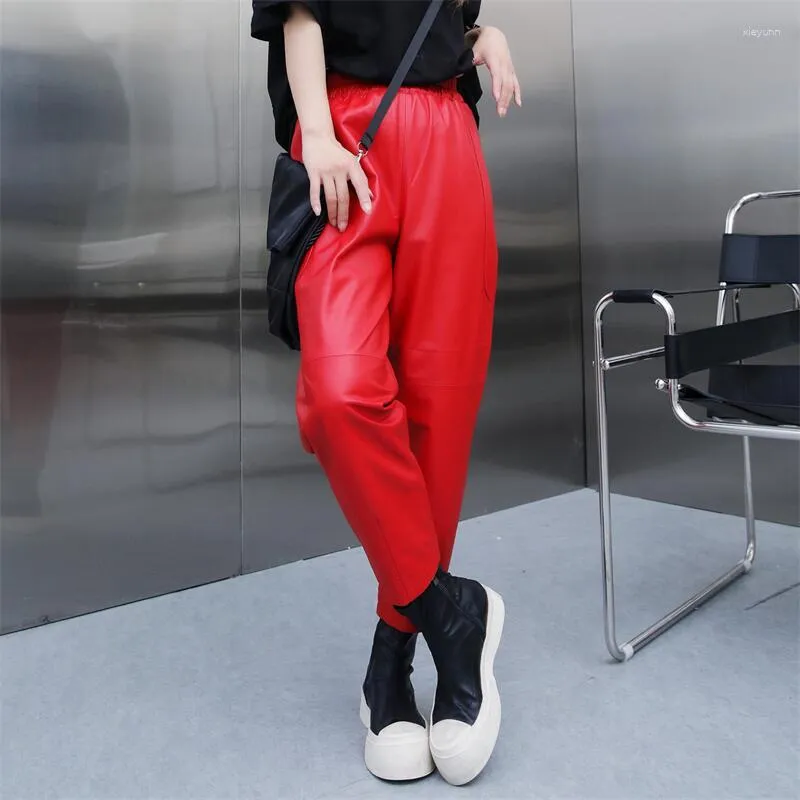 Pantaloni da donna Harun Primavera Autunno Rosso Vera pelle Elastico in vita alla caviglia Pelle di pecora Pendolarismo Casual