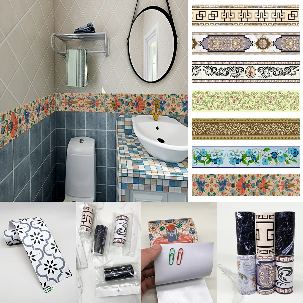 Wall Stickers 23 Styles Selfadhesive Waist Line Decorative Strip Bathroom Skirting Floor Tiles Waterproof Peel Stick Sticker 230829