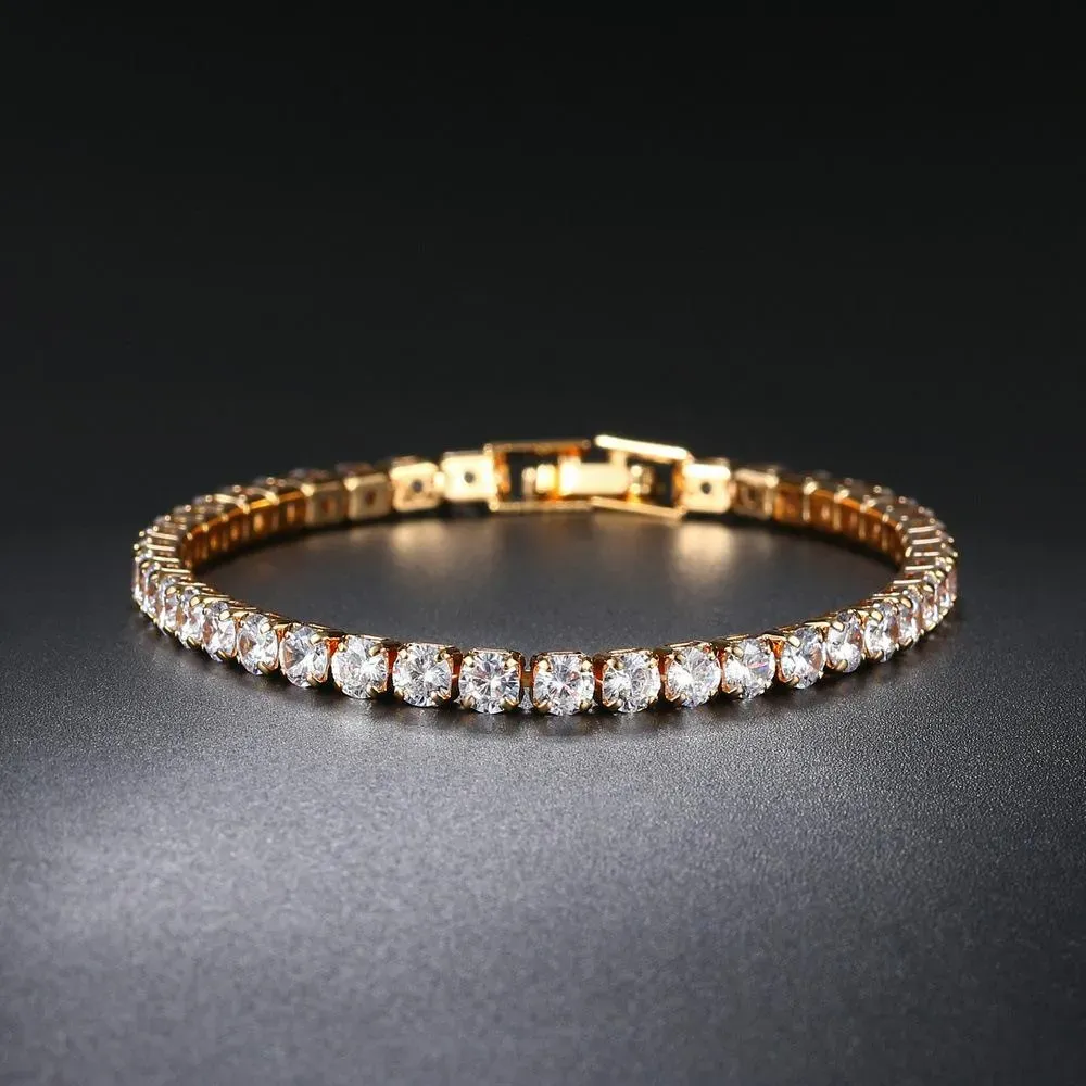 Bijoux hip hop bracelet de tennis en Zircon à une rangée de 4mm, chaîne ronde en or entièrement diamantée