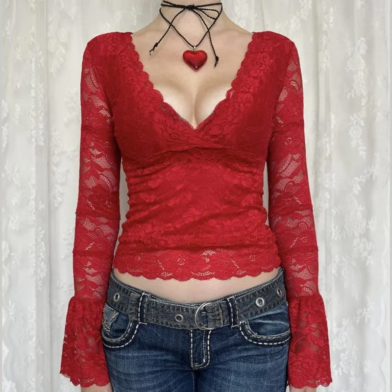 Y2K Womens Lace V Neck V Long Shirt Fairy Grunge, Slim Fit Crop Top With  Flare Sleeves And See Through Design From Lionlikelly, $16.87