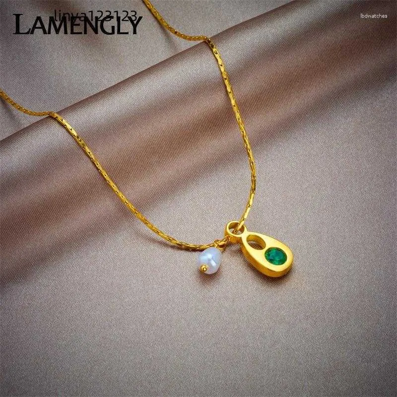 Pendentif Colliers Lamengly 316L en acier inoxydable Waterdrop vert cristal collier de perles pour femmes mode filles chaîne bijoux cadeaux