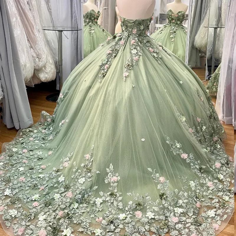 Vestido De fiesta brillante verde salvia, Vestidos De quinceañera con cuentas, escote en forma de corazón, cuentas florales en 3D, Vestidos De fiesta De baile De cumpleaños, Vestidos De quinceañera