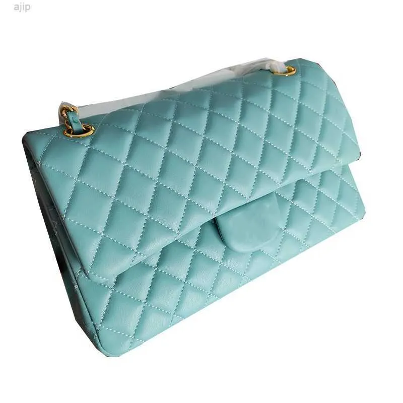 2022Ss W Femmes Designer Lambskin Classic Double Flap Sacs Or / Argent Matériel en métal Matelassé Chaîne Multi Pochette Outdoor Sacoche Bleu Sacs à main 25CM