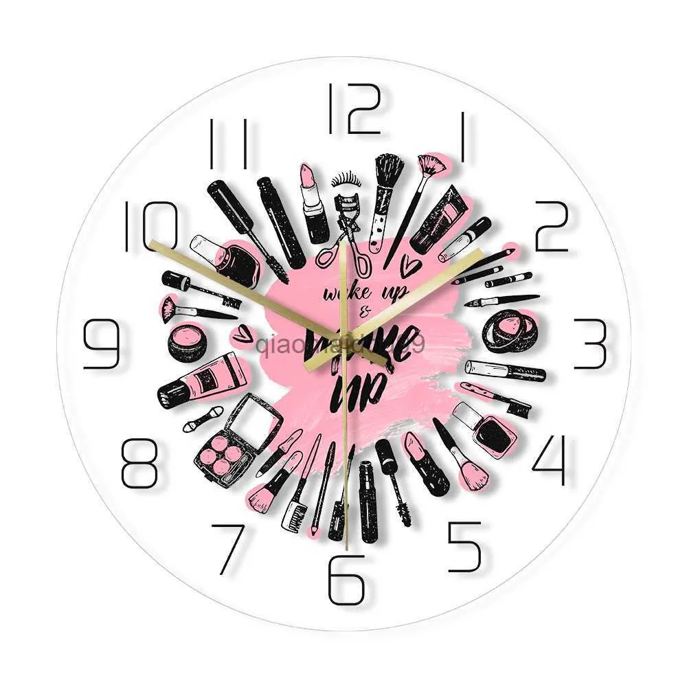 Wandklokken Wake Up Make Up Cosmetics Collection Modern Wall Clock Beauty Salon Business Wall Sign Make -Up Set Silent Movement Wall Clock HKD230830