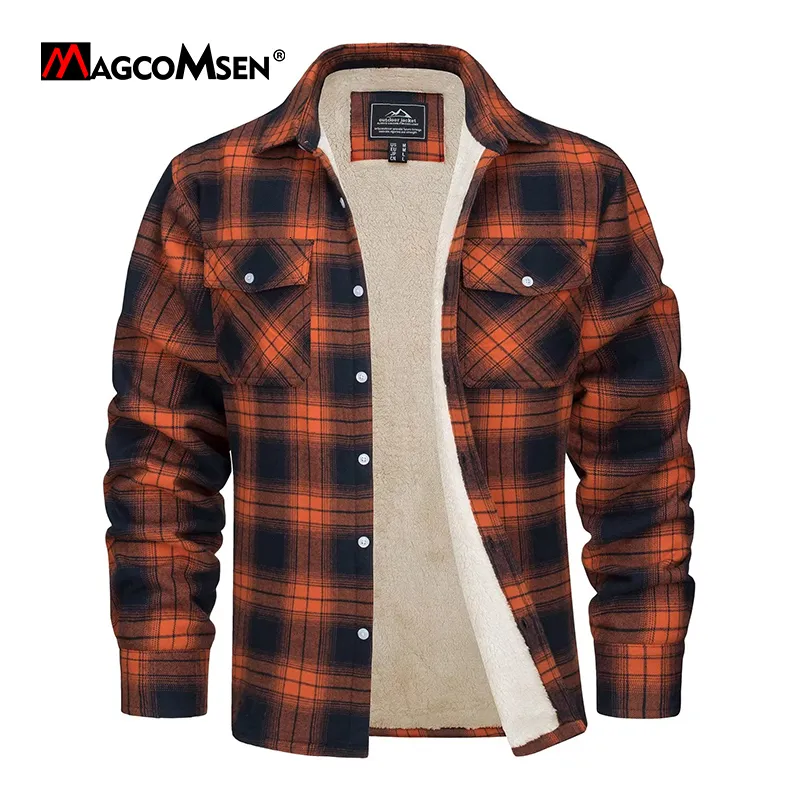 Mens Jackets Magcomsen Fleece Plaid flanellskjorta jacka upp casual bomull förtjockas varm vårarbetet sherpa ytterkläder 230829