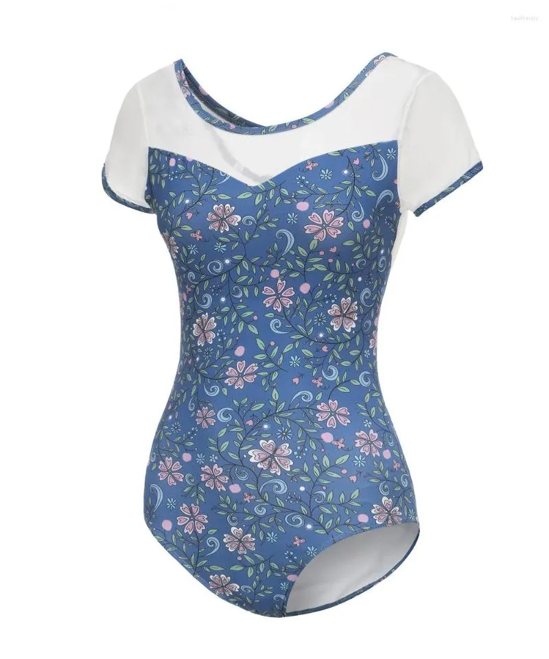 Scenkläder kortärmad blommig balett leotard flickor gymnastik jumpsuit blå dansplikare för kvinnor vuxna luft yogakläder