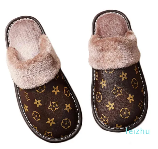 Lederen Slippers Gedrukt Pluche Katoenen Slipper Vrouwen Indoor Huis Schoenen Platte Huis Slippers Winter Warm Slippers H1115