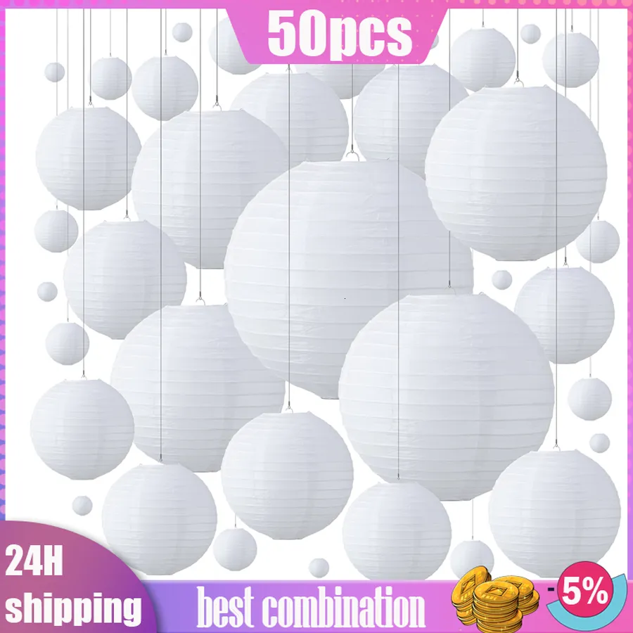 Autres fournitures de fête d'événement 50pcs 4 '' - 14 '' Taille mixte Lanternes en papier blanc Décorations de mariage Lanternes japonaises suspendues Décor de fête de lampion chinois 230829