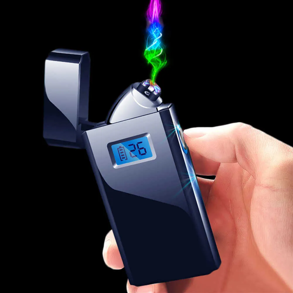 Metal portable rechargeable double arc plasma USB cycle charging lighter display usage windproof smoking parts Men's gadget J9TJ