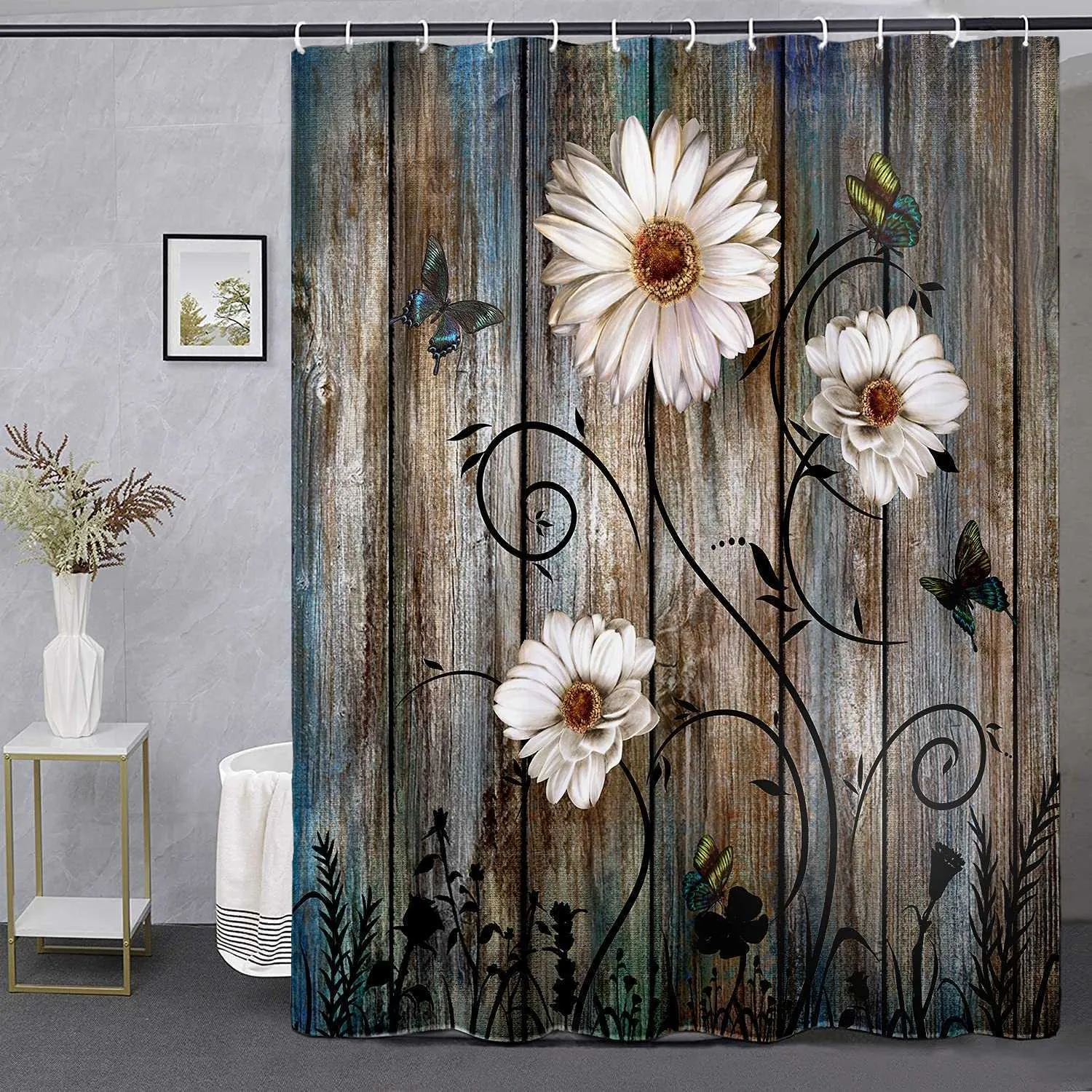 Shower Curtains Rustic Shower Curtain Set Grey Floral Fabric Bath Curtain  Butterfly Country Style Bathroom Decor With R230830 From Mengyang09,  $256.74 | DHgate.Com, image size:1500x1500