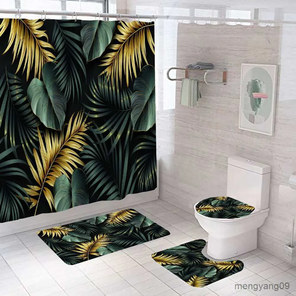 Shower Curtains Black and Gold Tropical Plant Leaf Bathroom Shower Curtain Set for Bathtub Leaves Bath Mats Rugs Home Decor R230831