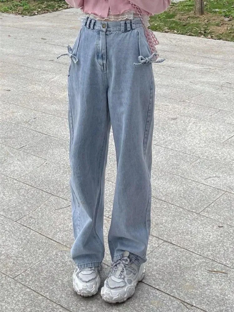 Jeans femininos adagirl kawaii arco mulheres luz azul perna larga oversized streetwear calças estilo coreano sólido solto calças de comprimento total 2023