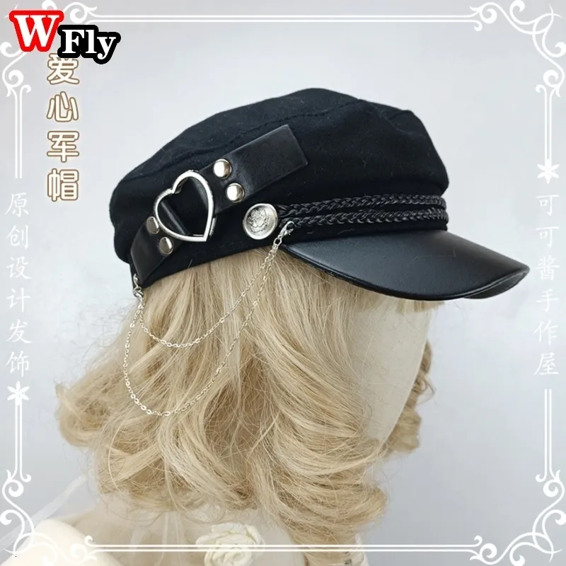 Berets Japanese Handmade Gothic Lolita Beret Military Cap Harajuku women Girl Punk Hip hop metal heart chain Hat beret decorate 230830