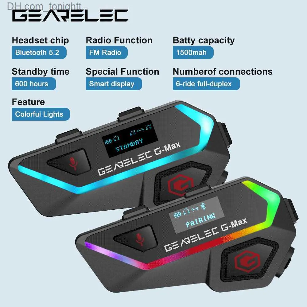 GEARELEC Motorcycle Helmet Intercom Headset 6 Riders 2KM Interphone Communication With IP67 Lights Smart Display Music Sharing Q230830