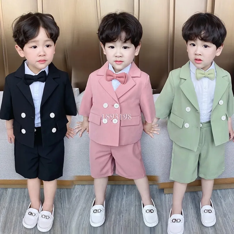 Suits Children Summer Formal Suit Set Boys Double breasted Performance Clothing Catwalk Dress Costume Kids Blazer Shorts 2pcs Outfit 230830