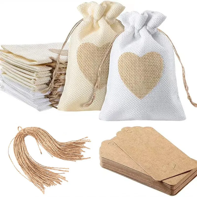 Gift Wrap 50 Pcs Wedding Candy Drawstring Jute Bags Heart Sewing Christmas Package Pouches 10x14cm Party Gift Pocket with Tags 230829