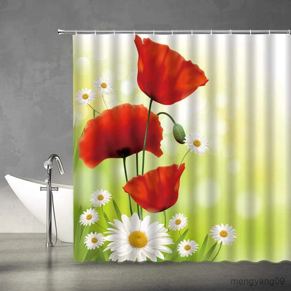 Shower Curtains Black Floral Shower Curtain Watercolor Rose Peony Blue Gray Flower Plant Leaves Art Retro Fabric Bathroom Decor Set R230830