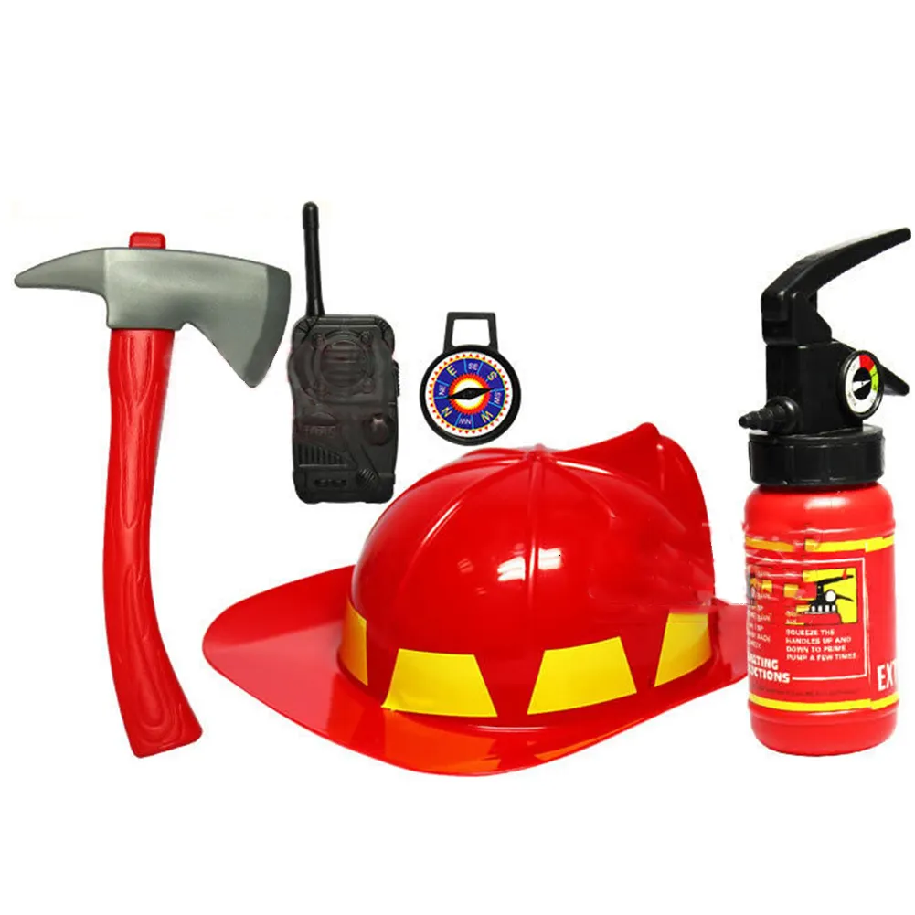 Tools Workshop Simulation Fire Fighting Toy Suit Children Brandman brandman Cosplay Kit Hjälm släckare Intercom Ax Wrench Gifts 5st 230830