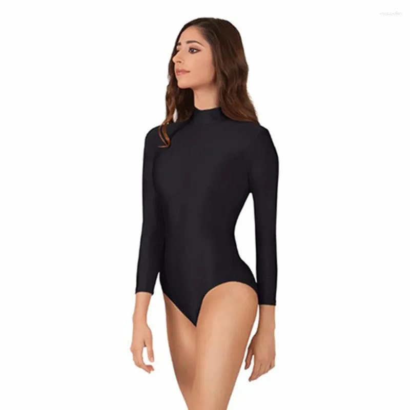 Stage Wear Femmes Basic Manches longues Spandex Ballet Justaucorps Nylon Adulte Col Col Lycra Costumes De Danse Gymnastique Body Bodycon Top Fille