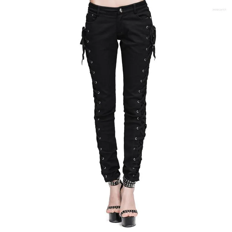 Pantalon femme Steampunk femmes gothique coton pleine longueur sergé tissu tissé sangle serré taille haute pantalon pantalons pantalons TRW105