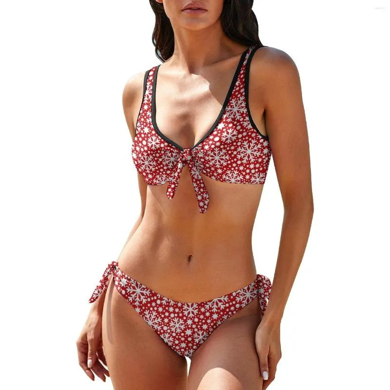 Maillots de bain pour femmes Ensemble de bikini de flocon de neige de Noël Maillot de bain blanc rouge avec cravates Maillot de bain graphique élégant Tenues de plage Plus Taille