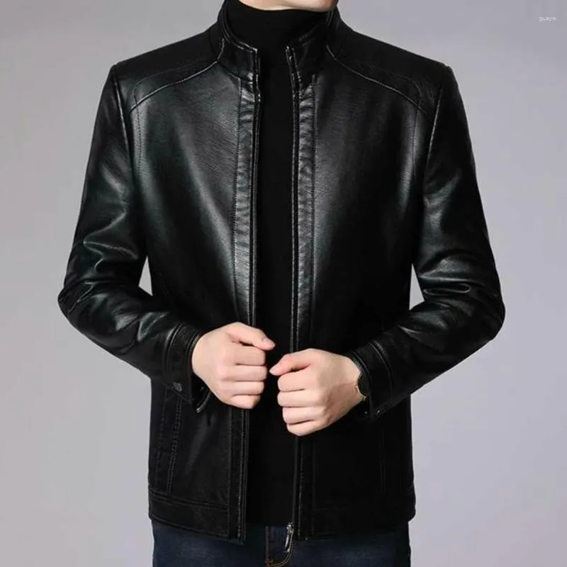 Men's Jackets Zip Closure Men Jacket Stylish Protective Faux Leather Motorcycle For Cool Autumn Winter Thick Warm Windproof