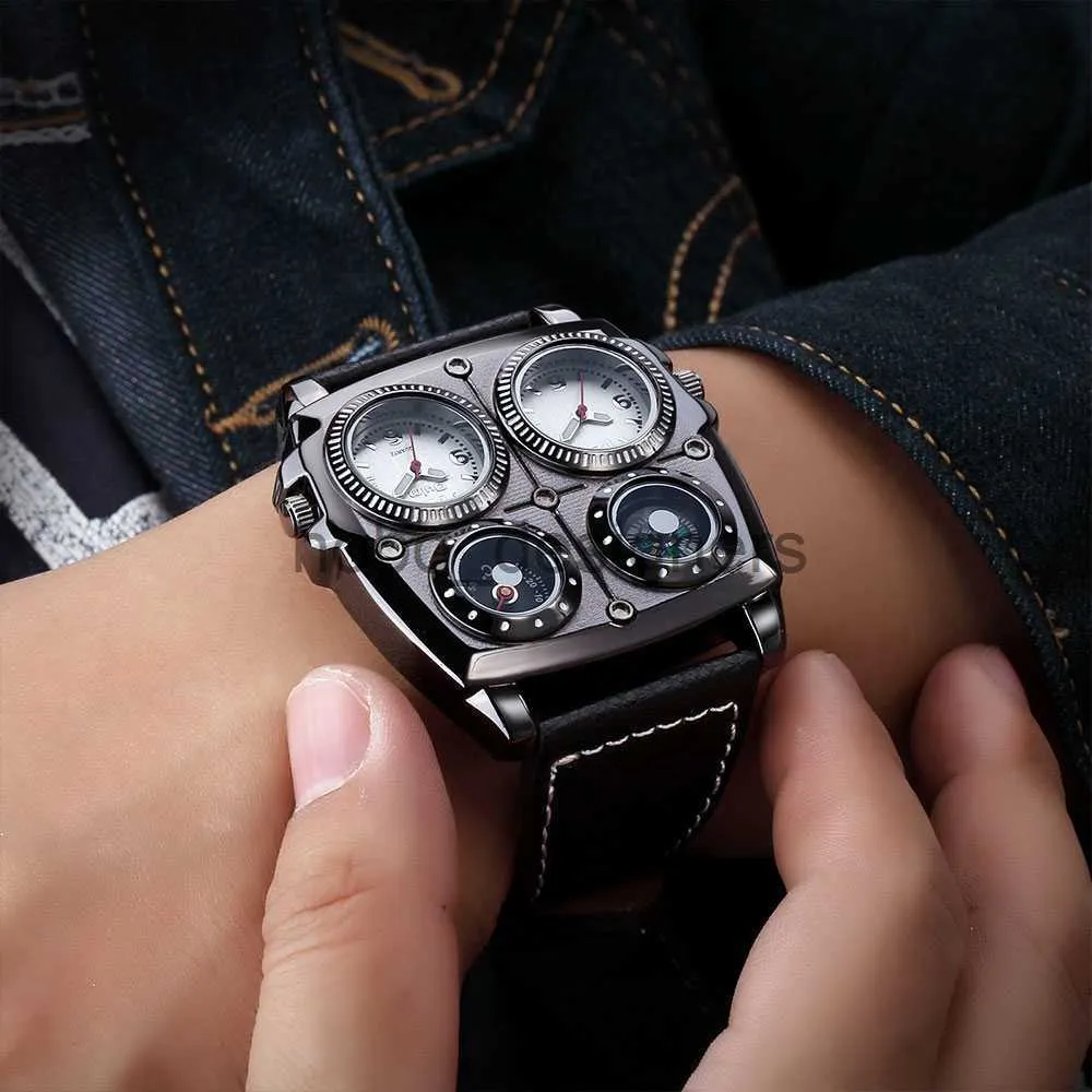 Oulm Orologi da uomo Due fusi orari Orologio stile pilota militare Orologio al quarzo militare di grandi dimensioni Orologio da polso con cinturino in
