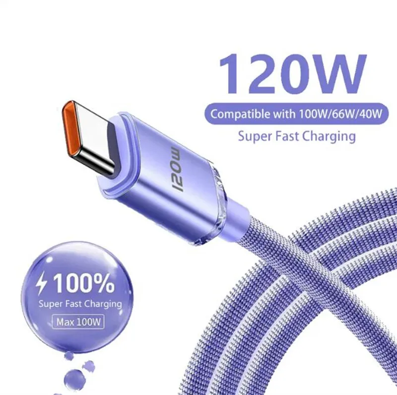 120W Typ C -kabel 6A Super Fast Charger Cable 0.25m/1M/1,5M/2M Snabbladdning USB C -kablar C Laddare för Samsung Xiaomi Huawei